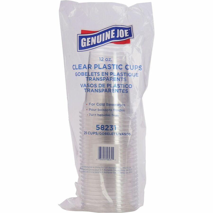 Image of Genuine Joe 58231CT 12 oz Clear Plastic Cups, 12 fl oz, Clear, Plastic, Cold Drink, Beverage, 25/Pack, 20 / Carton