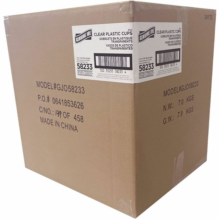 Image of Genuine Joe 58233CT 9 oz Clear Plastic Cups, 9 fl oz, Clear, Plastic, Cold Drink, Beverage, 50/Pack, 20 / Carton