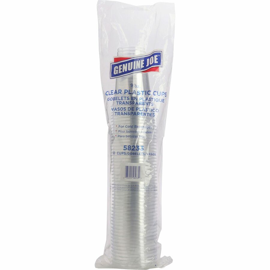 Image of Genuine Joe 58233CT 9 oz Clear Plastic Cups, 9 fl oz, Clear, Plastic, Cold Drink, Beverage, 50/Pack, 20 / Carton
