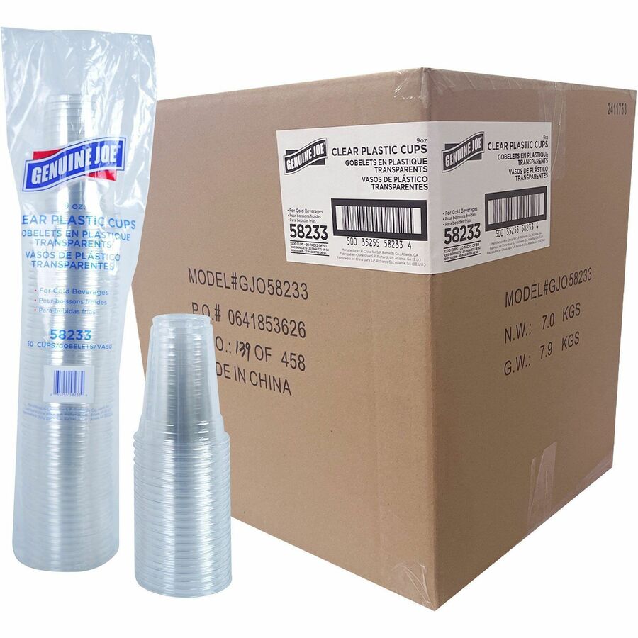 Image of Genuine Joe 58233CT 9 oz Clear Plastic Cups, 9 fl oz, Clear, Plastic, Cold Drink, Beverage, 50/Pack, 20 / Carton