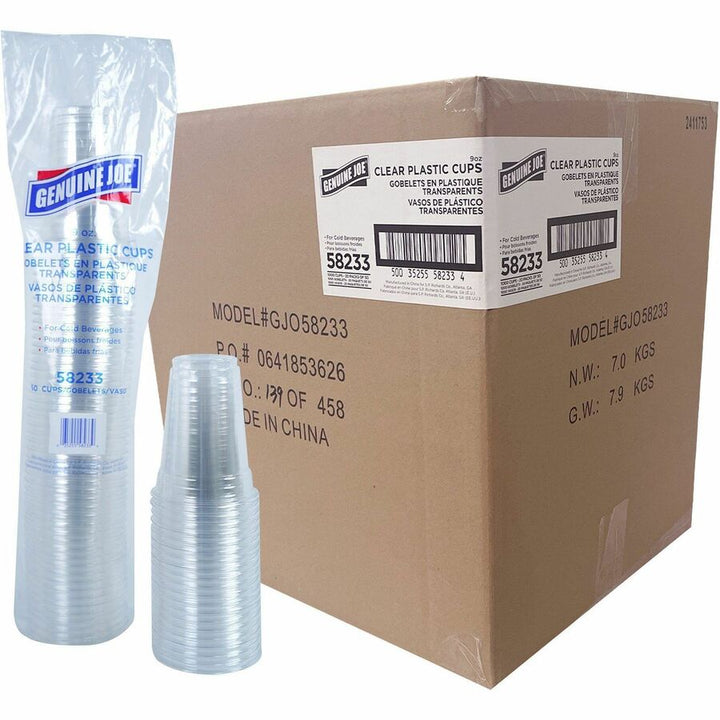 Image of Genuine Joe 58233CT 9 oz Clear Plastic Cups, 9 fl oz, Clear, Plastic, Cold Drink, Beverage, 50/Pack, 20 / Carton