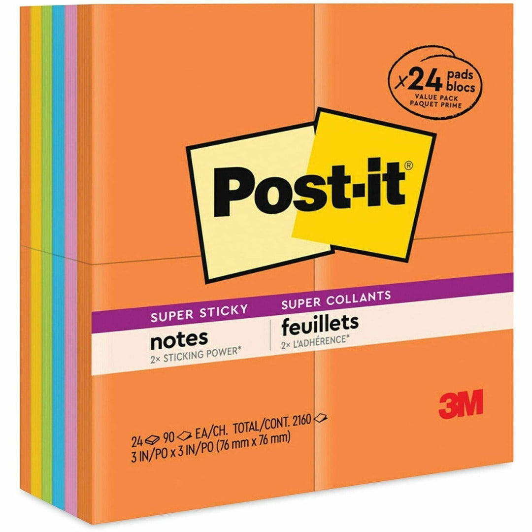 Image of Post-it® Notes Super Sticky Pads in Energy Boost Collection Colors, 3" x 3", 90 Sheets/Pad, 24 Pads/Pack