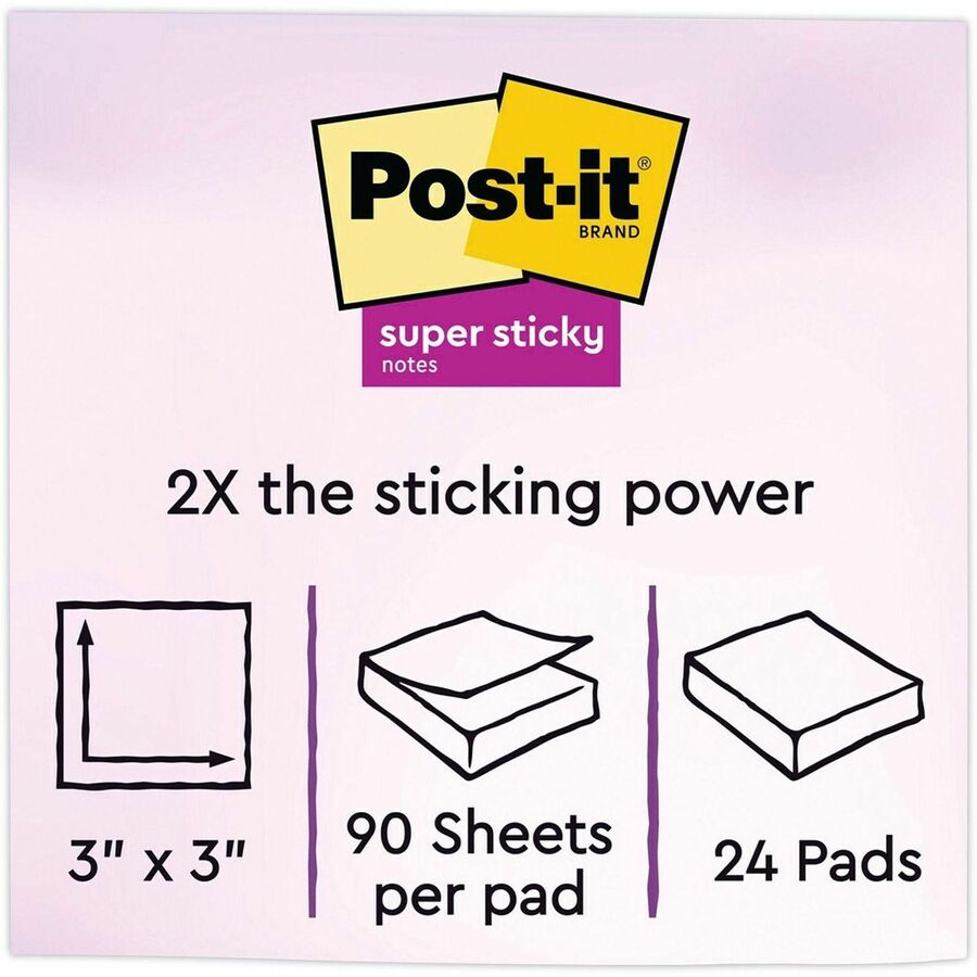 Image of Post-it® Notes Super Sticky Pads in Energy Boost Collection Colors, 3" x 3", 90 Sheets/Pad, 24 Pads/Pack
