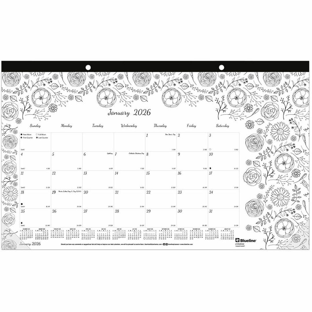 Image of Blueline® Monthly Desk Pad Calendar, DoodlePlan Coloring Pages, 17.75 x 10.88, Black Binding, Clear Corners, 12-Month (Jan-Dec): 2025