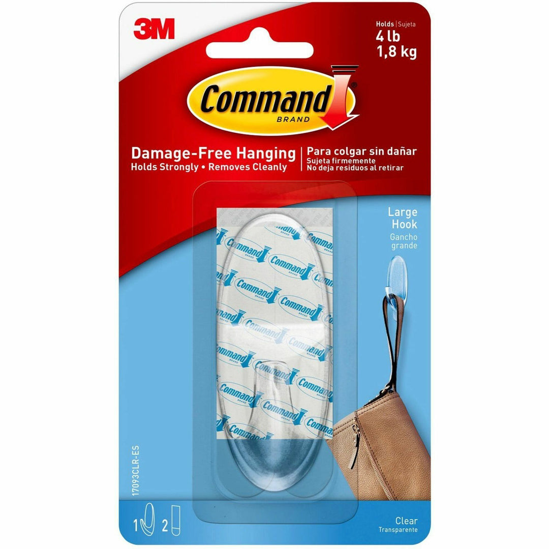 Image of Command 17093CLRES Large Hook with Clear Strips, 4 lb (1.81 kg) Capacity, 1.4" W x 3.4" Length, for Decoration, Plastic, Clear, 1 Pack