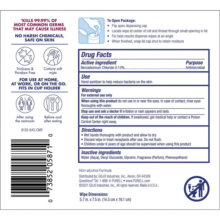 Image of GOJO® Hand Sanitizing Wipes, 40Shts, 6/CT, White