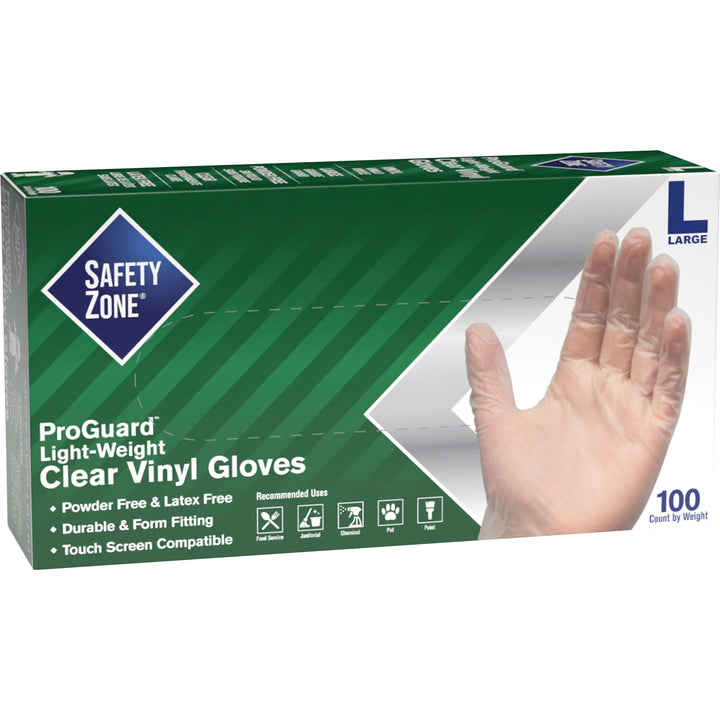Image of The Safety Zone Gloves, Powder-free, Vinyl, 9-1/4"L, Large, 100/BX, Clear
