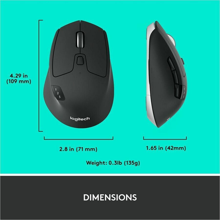 Image of Logitech® M720 Triathlon Wireless Mouse, 2.4 GHz Frequency, 33 ft Wireless Range, Right Hand Use, Black