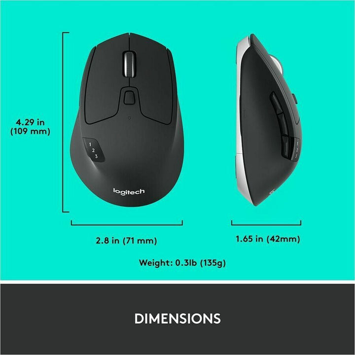 Image of Logitech® M720 Triathlon Wireless Mouse, 2.4 GHz Frequency, 33 ft Wireless Range, Right Hand Use, Black