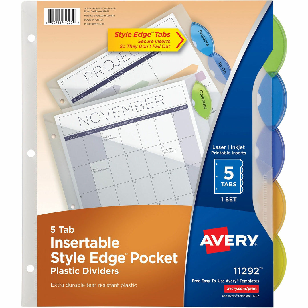 Image of Avery® Insertable Style Edge Tab Plastic 1-Pocket Dividers, 5-Tab, 11.25 x 9.25, Translucent, 1 Set