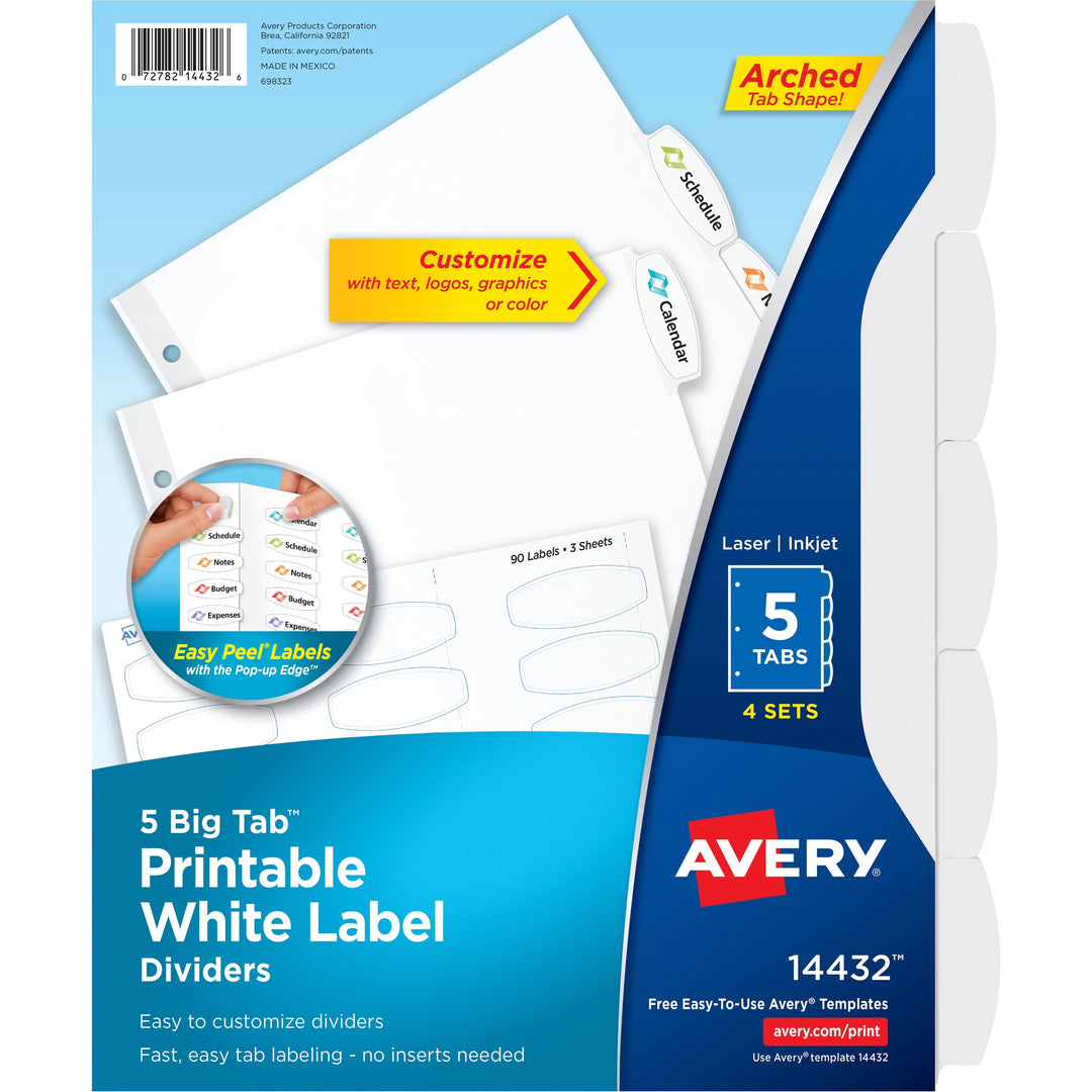 Image of Avery® Big Tab Printable White Label Tab Dividers, 5-Tab, 11 x 8.5, White, 4 Sets