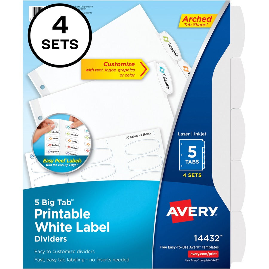 Image of Avery® Big Tab Printable White Label Tab Dividers, 5-Tab, 11 x 8.5, White, 4 Sets