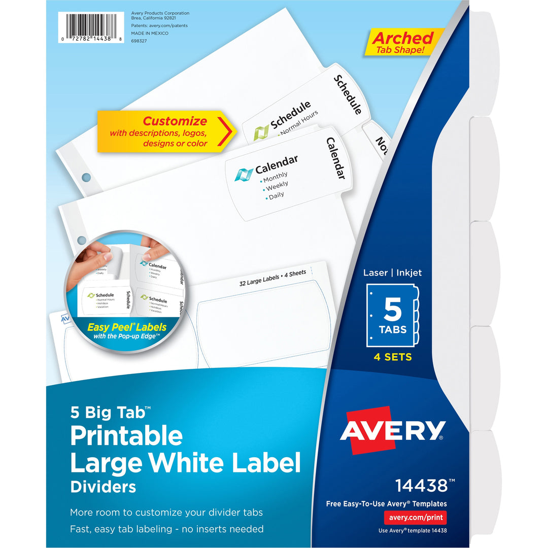 Image of Avery® Big Tab Printable Large White Label Tab Dividers, 5-Tab, 11 X 8.5, White, 4 Sets