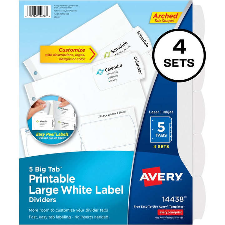 Image of Avery® Big Tab Printable Large White Label Tab Dividers, 5-Tab, 11 X 8.5, White, 4 Sets