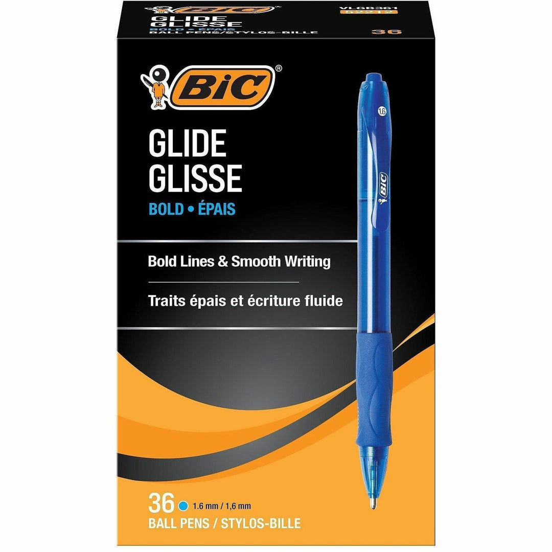 Image of BIC Velocity VLGB361BE Glide Bold, 1.6 mm Bold Pen Point, Refillable, Retractable, Blue Ink, Blue Barrel, Tungsten Carbide Tip, 36 / Box