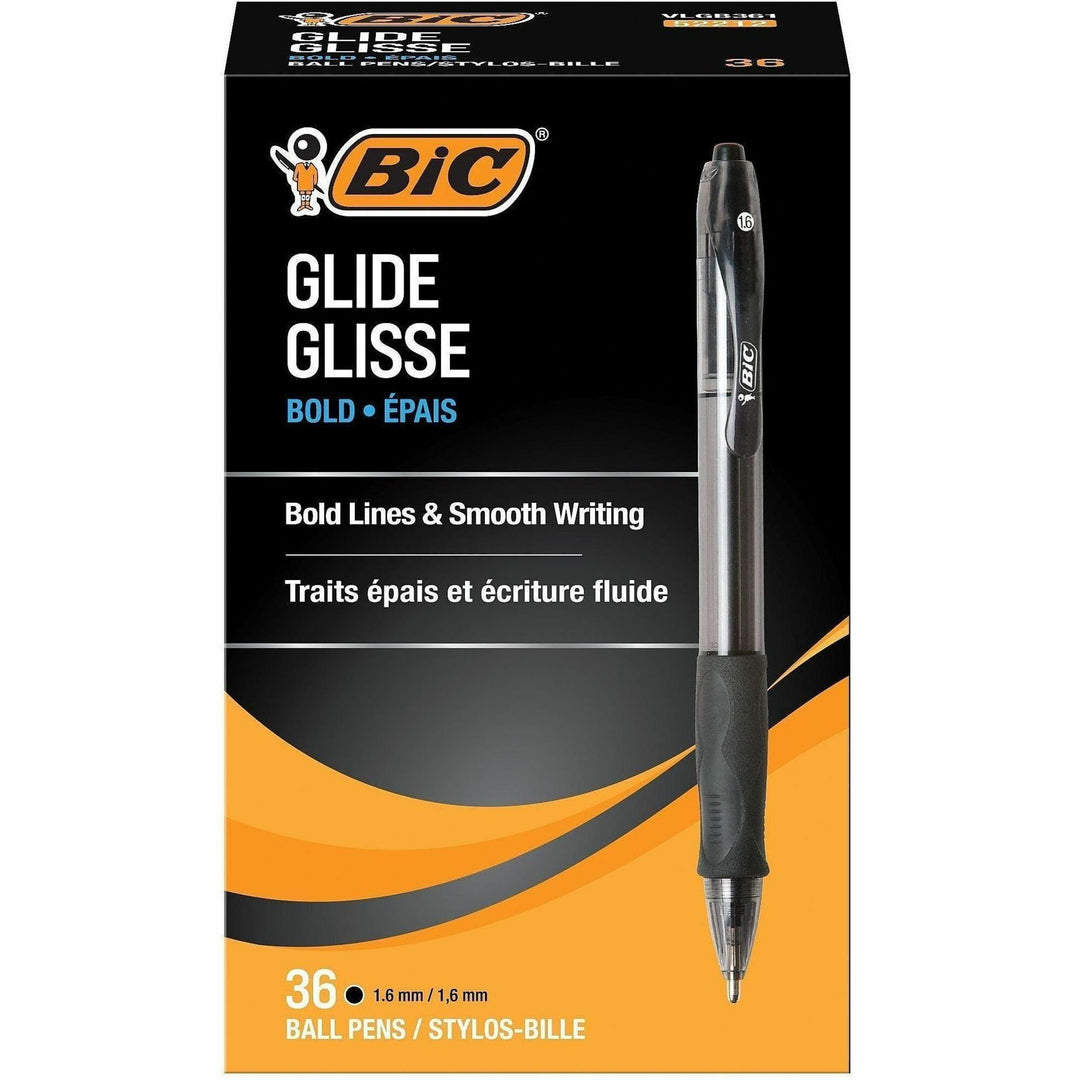 Image of BIC Velocity VLGB361BK Glide Bold, 1.6 mm Bold Pen Point, Retractable, Black Ink, Black Barrel, Tungsten Carbide Tip, 36 / Box