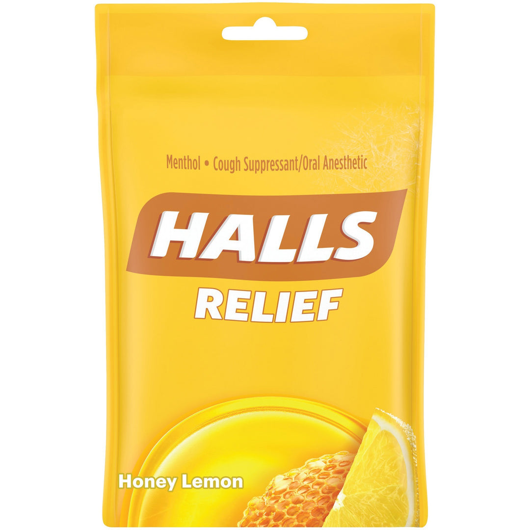Image of HALLS 62183 Halls Honey-Lemon Cough Drops, For Sore Throat, Cough, Nasal Congestion, Honey Lemon, 30/Bag, 12 / Box