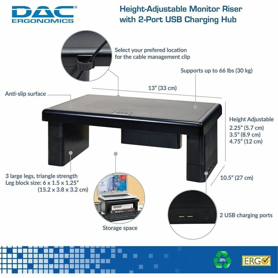 Image of Data Accessories Company Monitor Stand, w/2 USB Ports, 13"x10-1/2"x1-4-3/4", Black