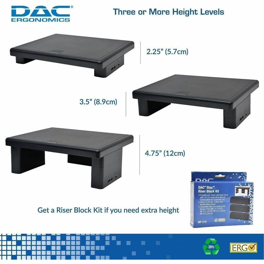 Image of Data Accessories Company Monitor Stand, w/2 USB Ports, 13"x10-1/2"x1-4-3/4", Black