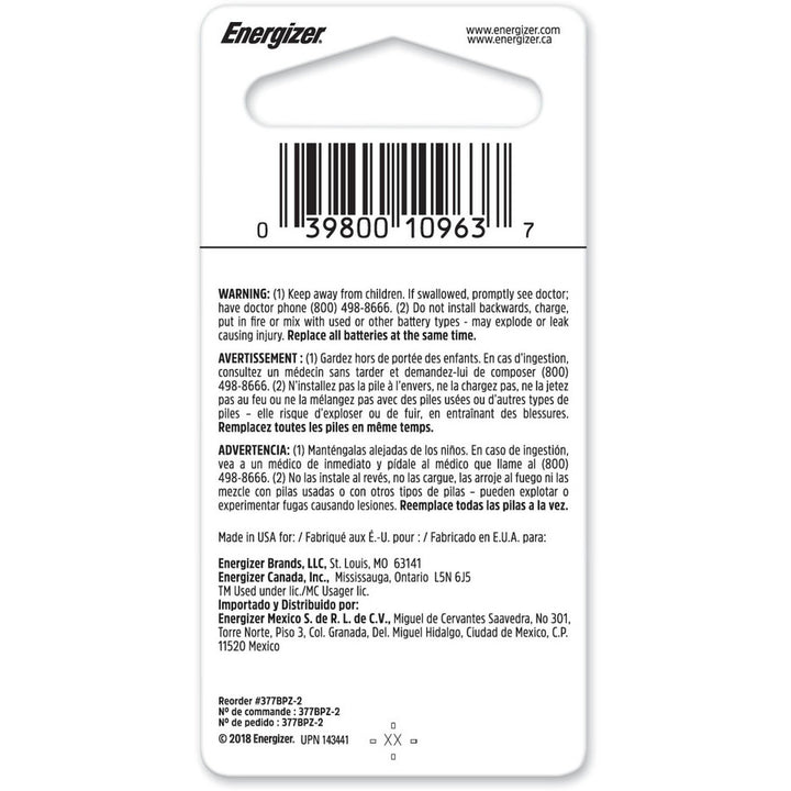 Image of Eveready® Miniature Batteries, 377 Cell Size, 1.55Volt, 2/PK, SR