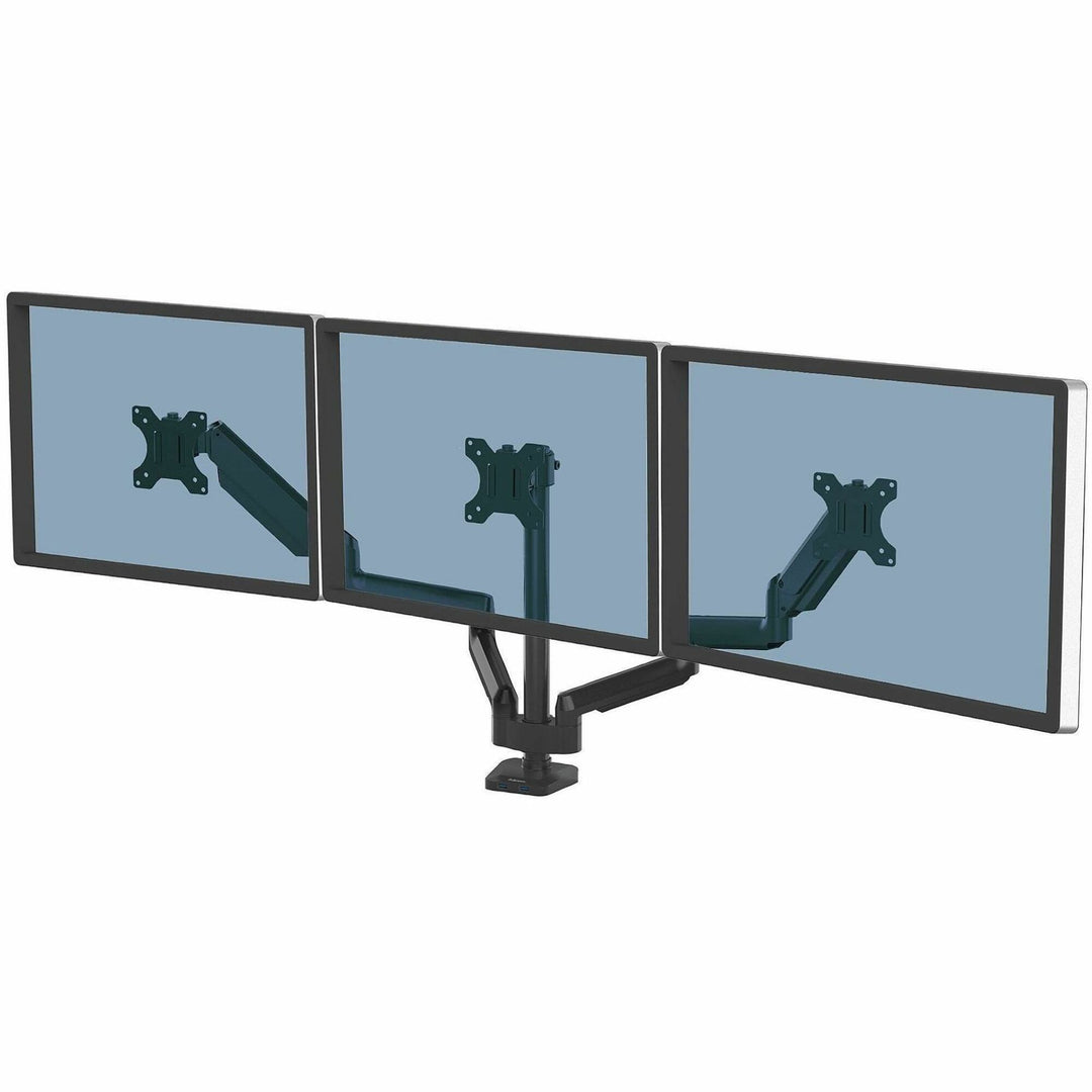 Image of Fellowes® Platinum Series Triple Monitor Arm For 27" Monitors, 360 Deg Rotation, +85/-20 Deg Tilt, 360 Deg Pan, Black, Supports 20 Lb