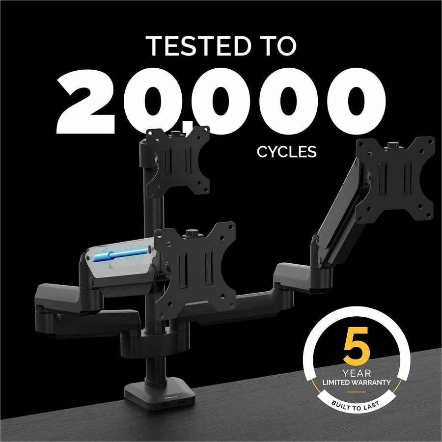 Image of Fellowes® Platinum Series Triple Monitor Arm For 27" Monitors, 360 Deg Rotation, +85/-20 Deg Tilt, 360 Deg Pan, Black, Supports 20 Lb