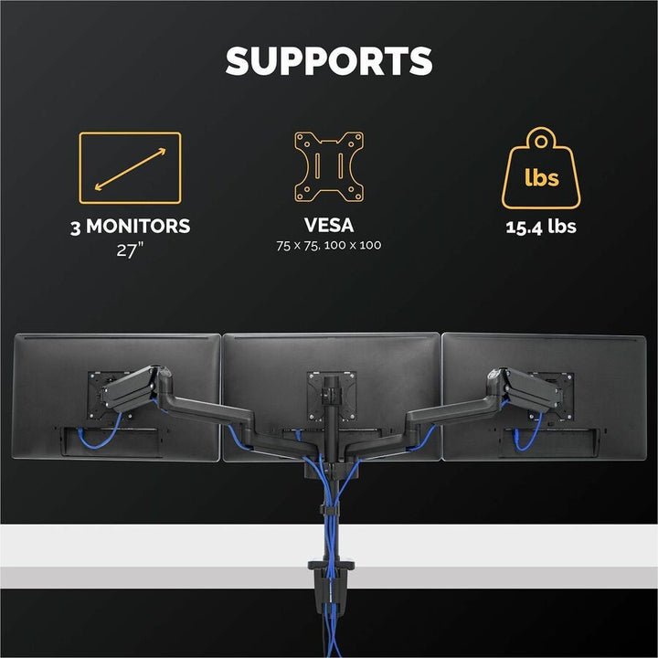 Image of Fellowes® Platinum Series Triple Monitor Arm For 27" Monitors, 360 Deg Rotation, +85/-20 Deg Tilt, 360 Deg Pan, Black, Supports 20 Lb