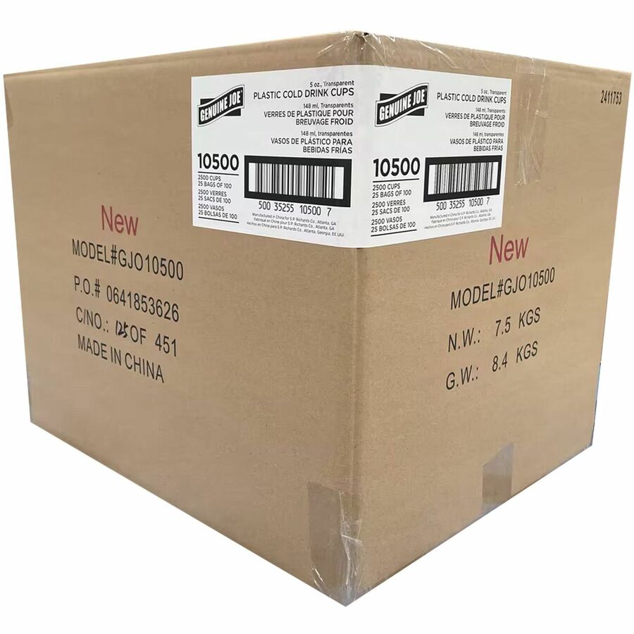 Image of Genuine Joe 10500 5 oz Transparent Beverage Cups, 5 fl oz, Clear, Plastic, Beverage, 100/Bag, 25 / Carton