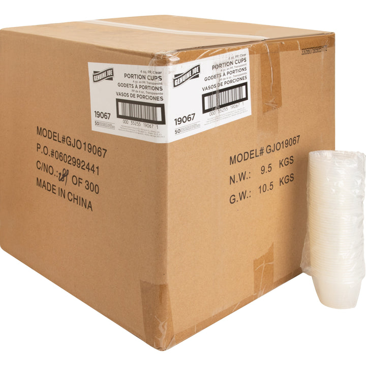 Image of Genuine Joe 19067 4 oz Portion Cups, 4 fl oz, Clear, Polystyrene, Beverage, Sauce, 50/Bag, 50 / Carton