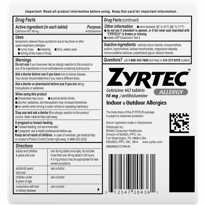Image of Johnson & Johnson® Zyrtec Allergy Tablets, 10mg, 30/CD, Green