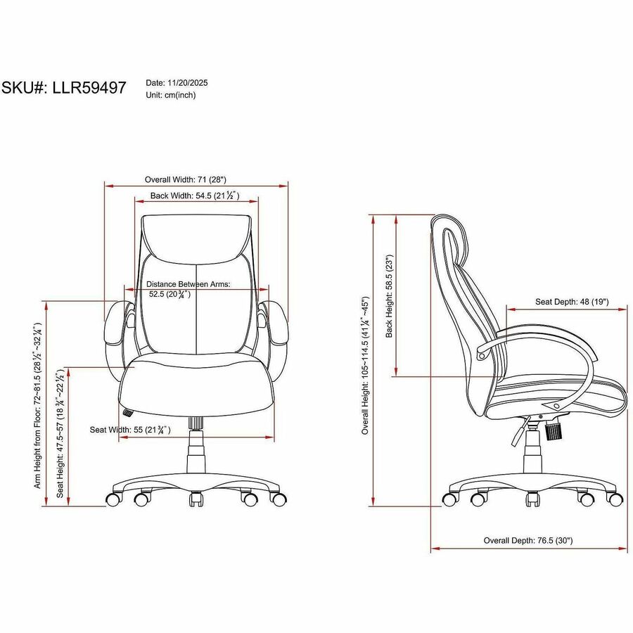 Image of Lorell Hi Back Leather Chair, 28"x31-3/4"x45-1/2". Black
