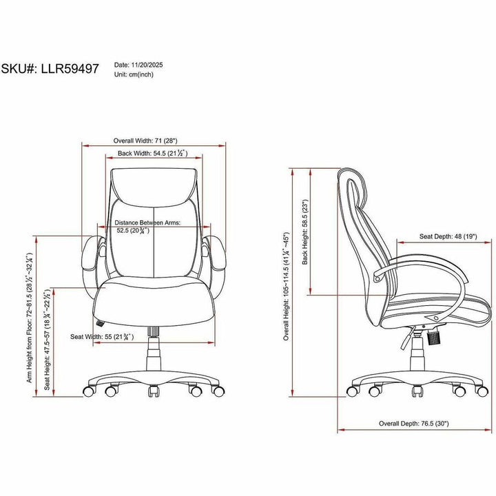 Image of Lorell Hi Back Leather Chair, 28"x31-3/4"x45-1/2". Black