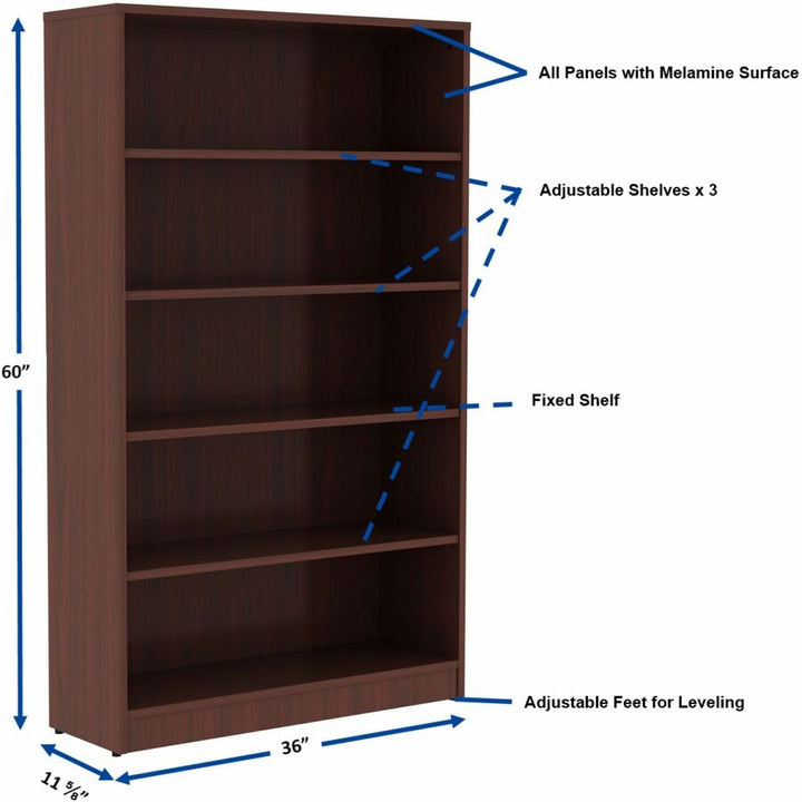 Image of Lorell Bookcase, 5-Shelf, 4 Adj Shelves, 36"x12"x60", Mahogany