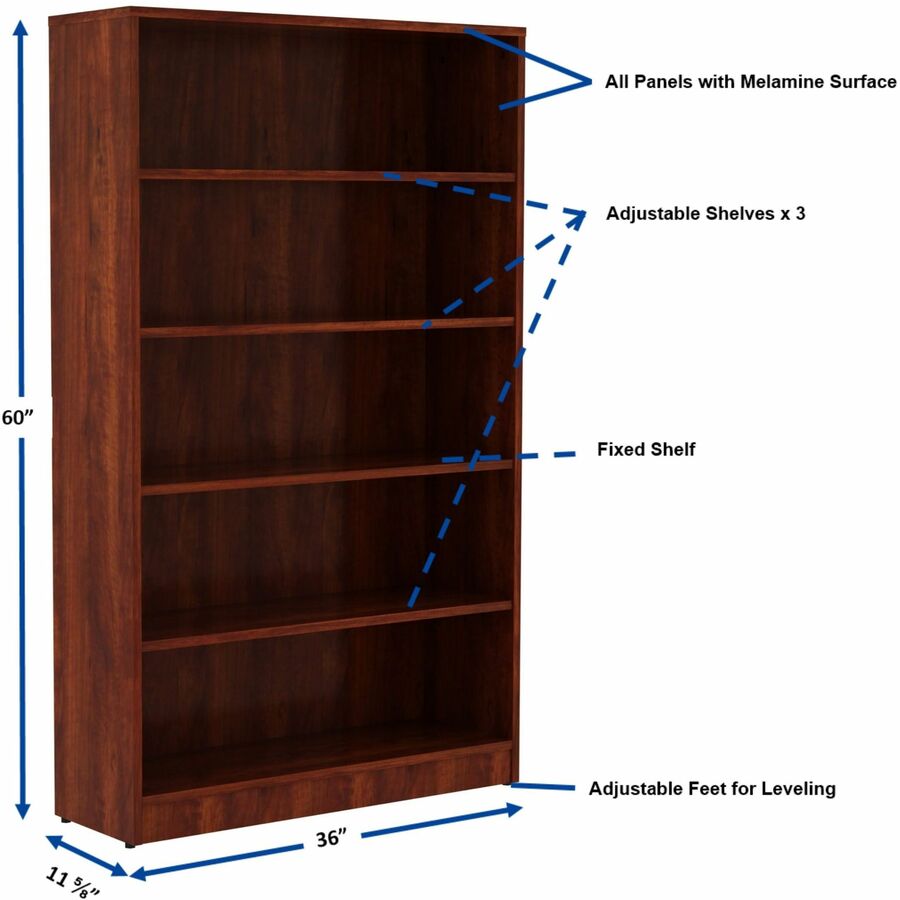 Image of Lorell Bookcase, 5-Shelf, 4 Adj Shelves, 36'x12"x60", Cherry
