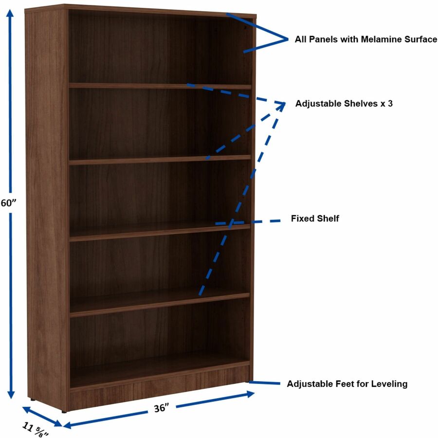 Image of Lorell Bookcase, 5-Shelf, 4 Adj Shelves, 36"x12"x60", Walnut