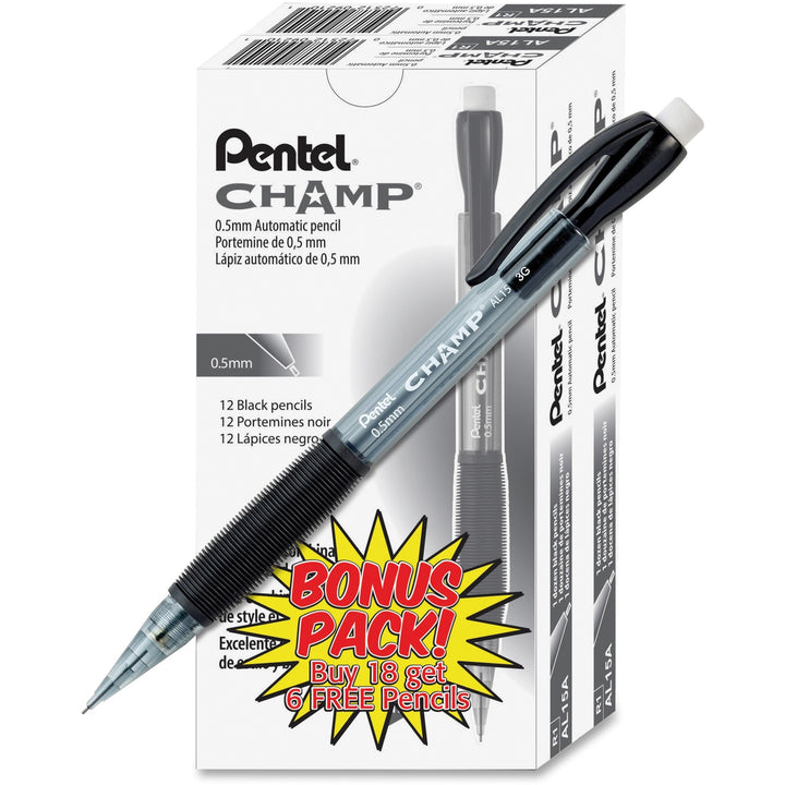 Image of Pentel® Champ Mechanical Pencil Value Pack, 0.5 mm, HB (#2), Black Lead, Clear/Black Barrel, 24/Pack