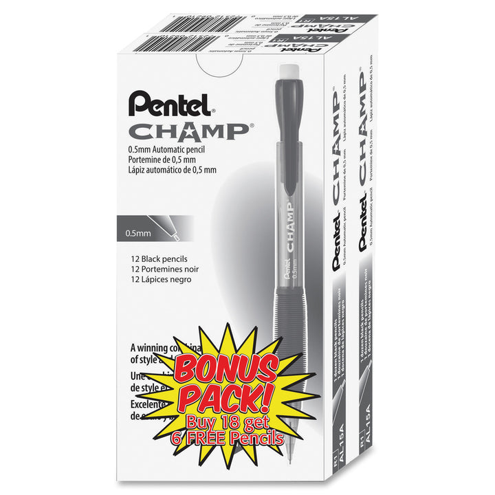 Image of Pentel® Champ Mechanical Pencil Value Pack, 0.5 mm, HB (#2), Black Lead, Clear/Black Barrel, 24/Pack