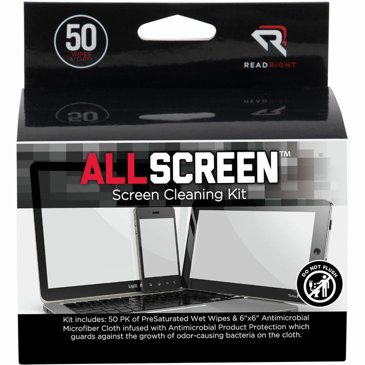 Image of Read Right® AllScreen Cleaning Kit with (1) 6 x 6 Microfiber Cloth, (50) 4 x 5 Individually Wrapped Pre-Saturated Wipes, Unscented, White
