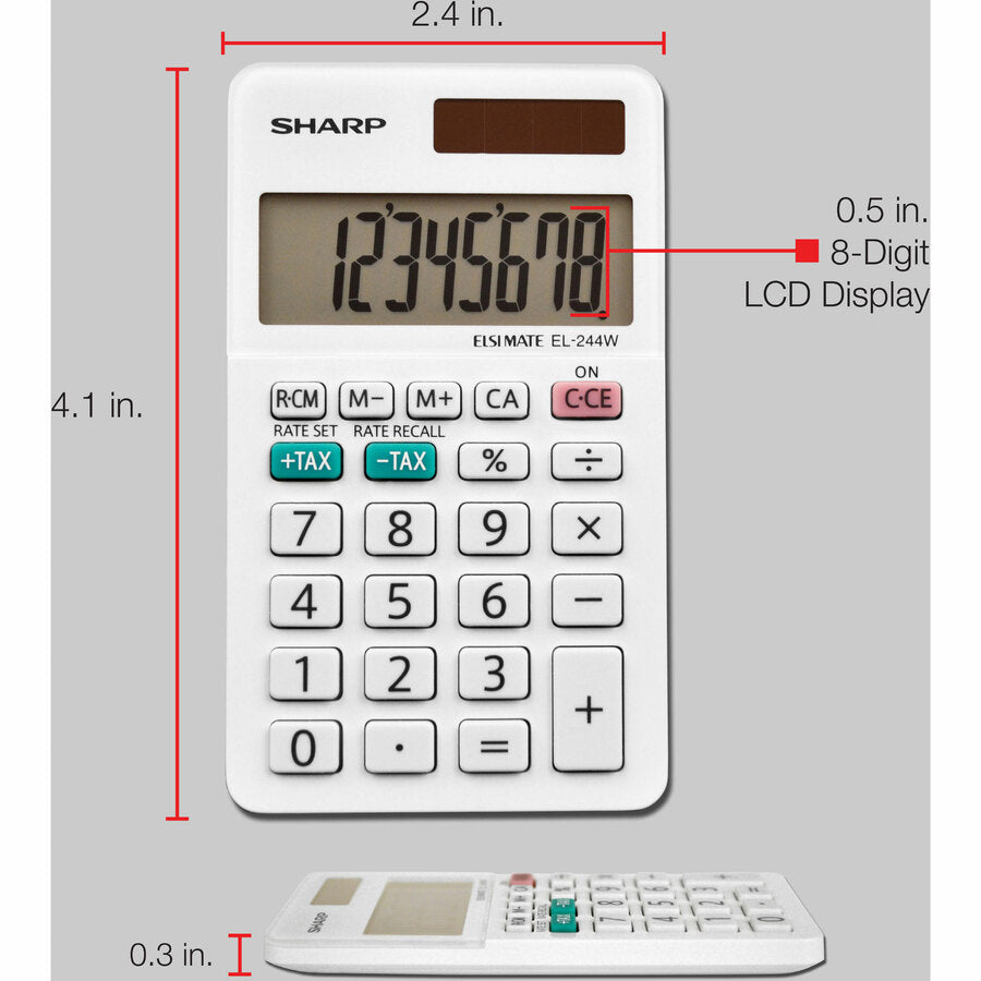 Image of Sharp® Calculator, 8-Digit, Pocket, 2-2/5"Wx4-1/10"Dx3/10"H, White
