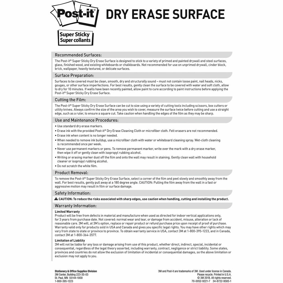 Image of Post-it® Dry Erase Surface, Laminate Film, 50 ft x 7 mil x 48", White