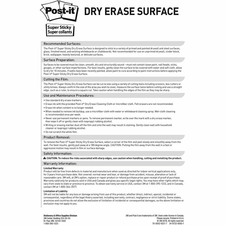 Image of Post-it® Dry Erase Surface, Laminate Film, 50 ft x 7 mil x 48", White
