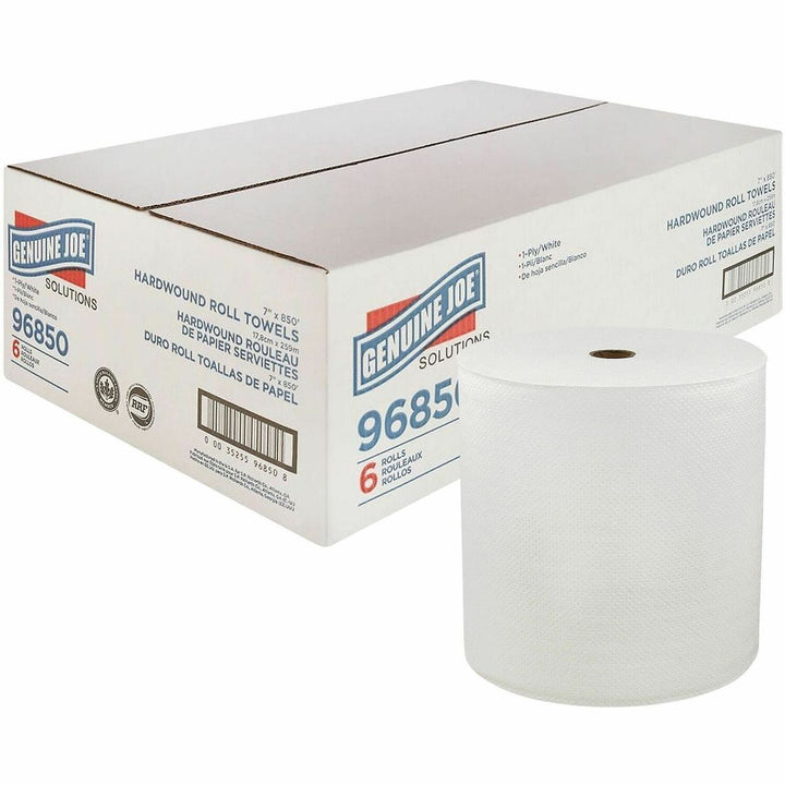 Image of Genuine Joe Hard Wound Roll Towel, 1-Ply, 7"x850', 6RL/CT, White