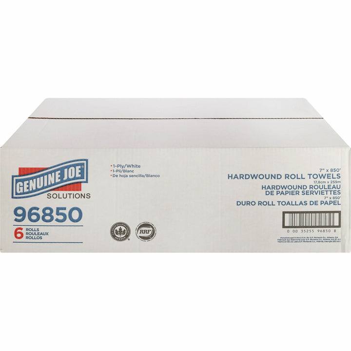 Image of Genuine Joe Hard Wound Roll Towel, 1-Ply, 7"x850', 6RL/CT, White