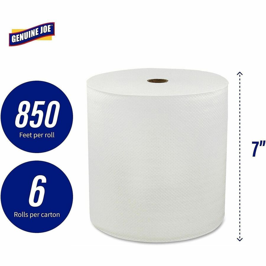 Image of Genuine Joe Hard Wound Roll Towel, 1-Ply, 7"x850', 6RL/CT, White