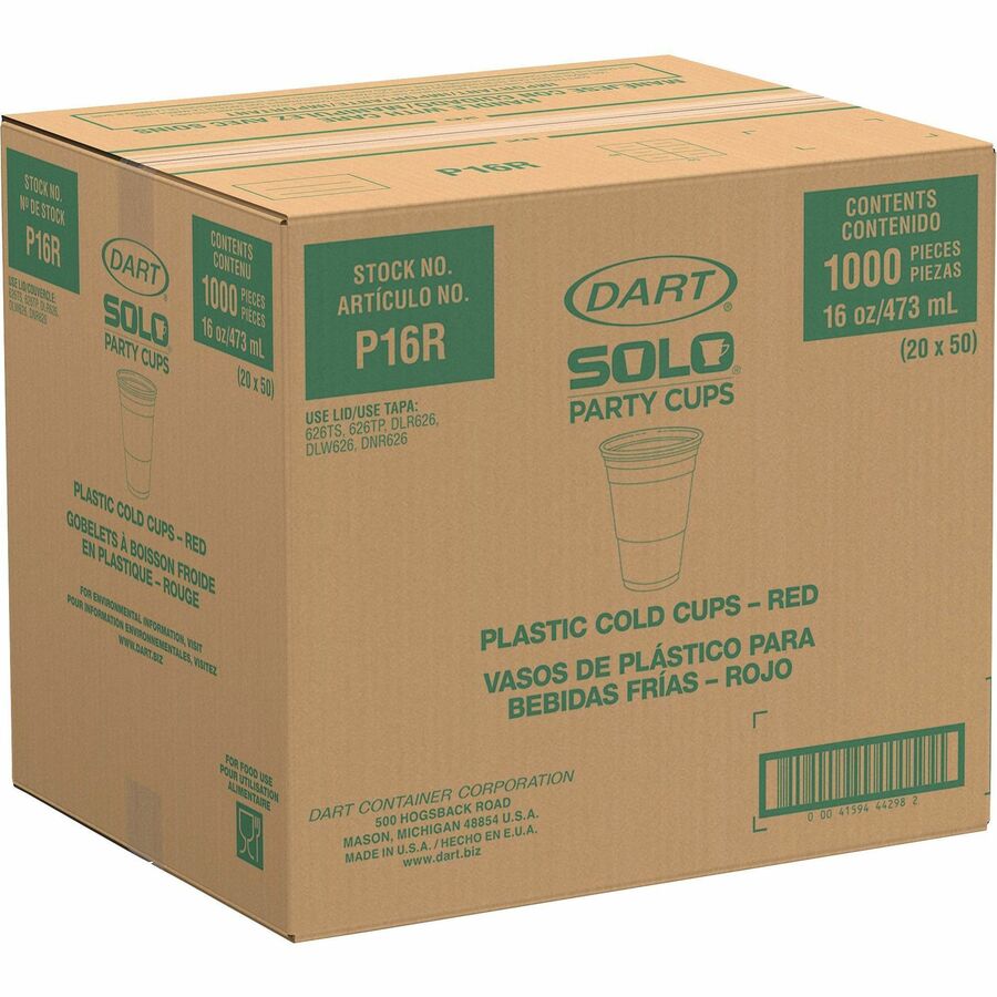 Image of SOLO® Party Cups, Plastic, 16oz., 20PK/CT, Red