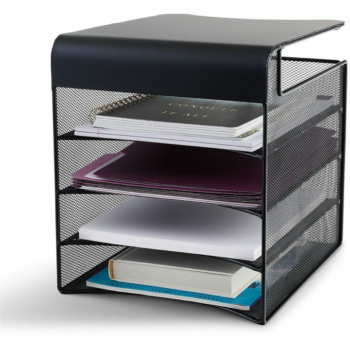 Image of Safco® Onyx Hanging Organizer, Solid Top Horizontal, 4 Compartments, Steel Mesh, 12.33 x 12 x 10, Black