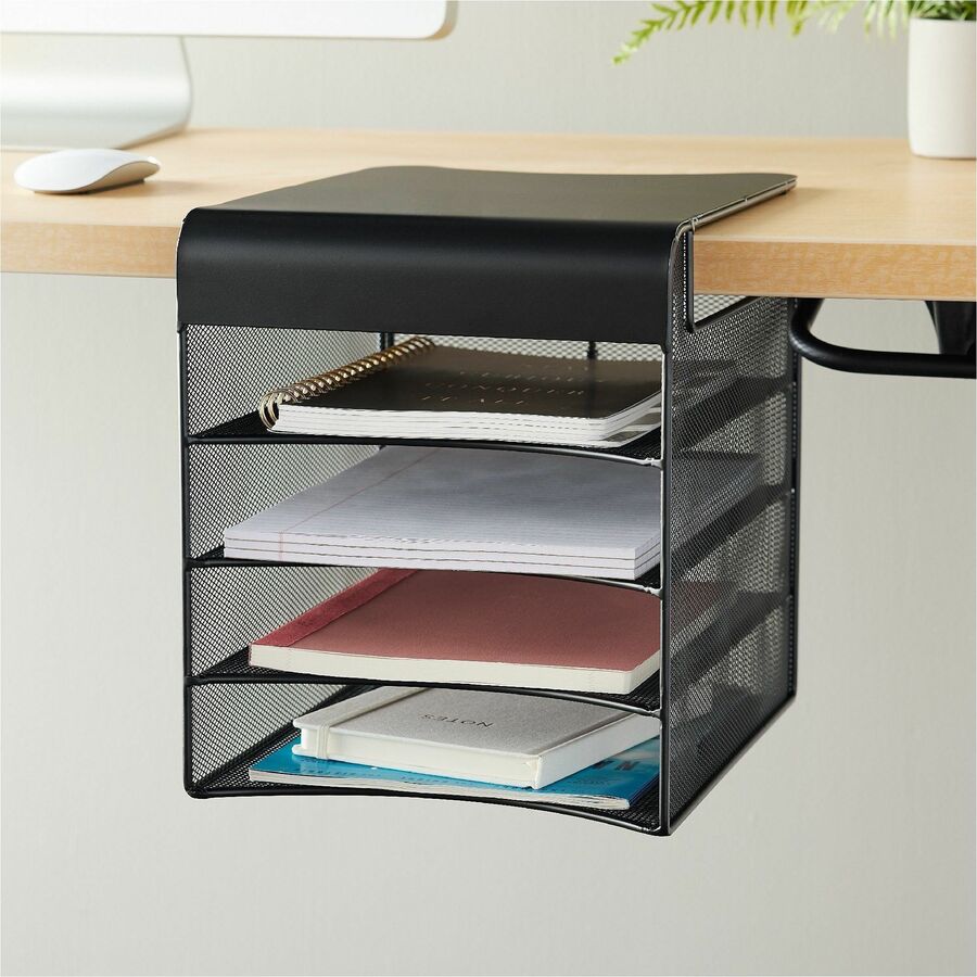 Image of Safco® Onyx Hanging Organizer, Solid Top Horizontal, 4 Compartments, Steel Mesh, 12.33 x 12 x 10, Black