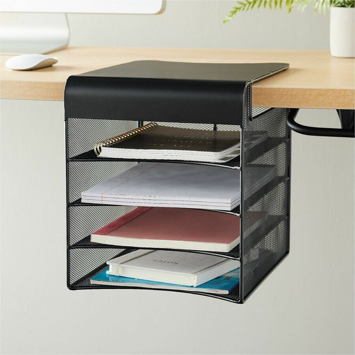 Image of Safco® Onyx Hanging Organizer, Solid Top Horizontal, 4 Compartments, Steel Mesh, 12.33 x 12 x 10, Black