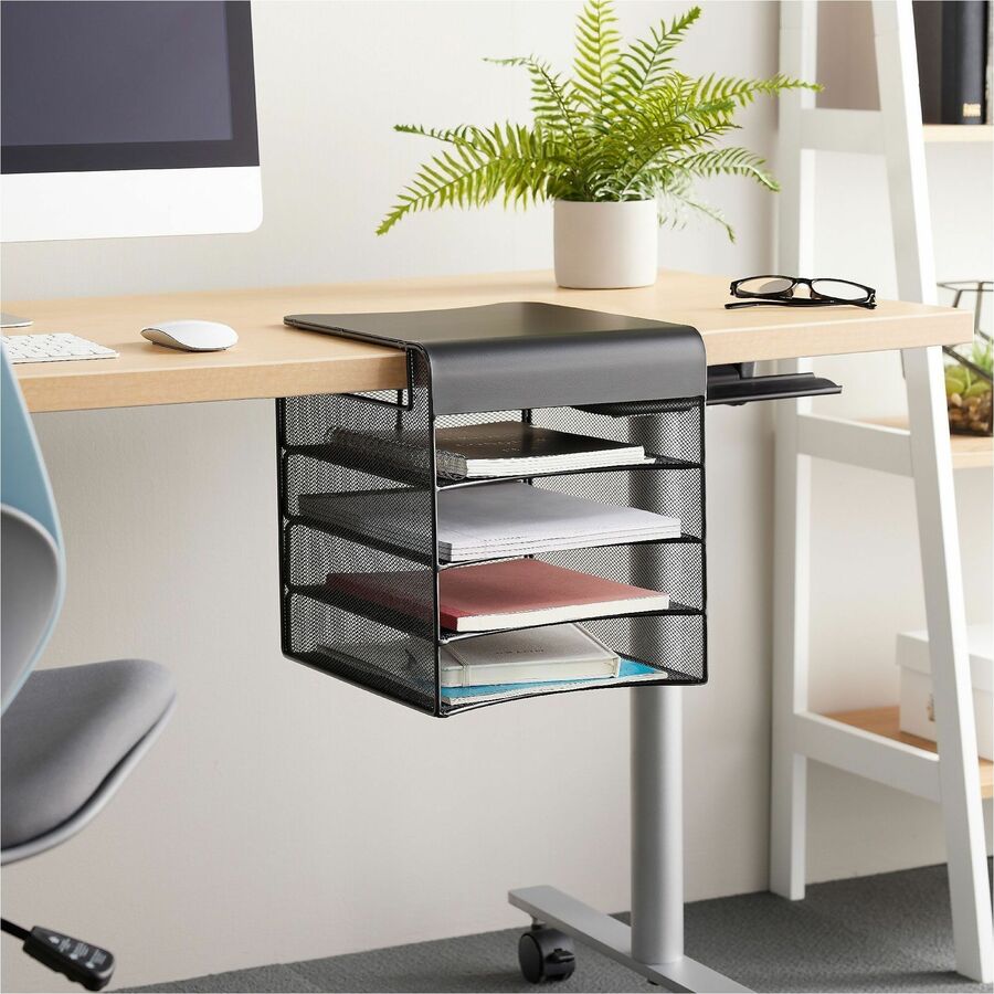 Image of Safco® Onyx Hanging Organizer, Solid Top Horizontal, 4 Compartments, Steel Mesh, 12.33 x 12 x 10, Black