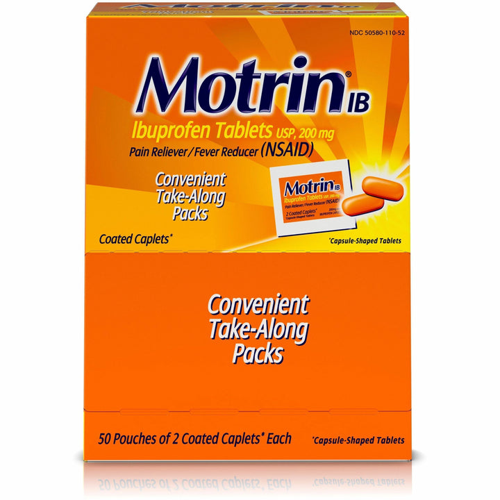 Image of Motrin 48152 IB Ibuprofen Tablets, For Headache, Muscular Pain, Backache, Toothache, Arthritis, Common Cold, Menstrual Cramp, Fever, 2/Pack, 50 / Box